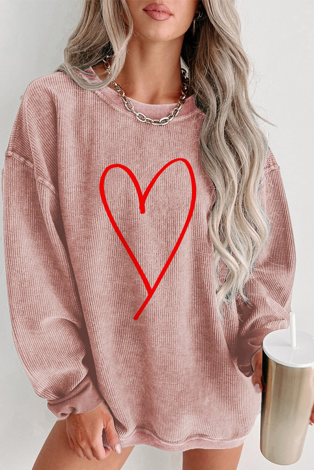 Heart Round Neck Dropped Shoulder Sweatshirt