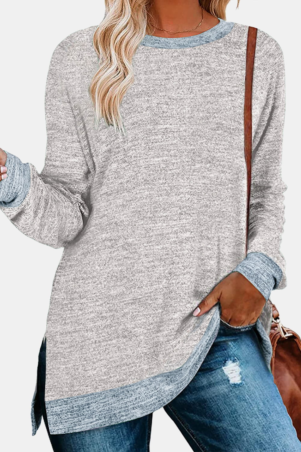 Round Neck Long Sleeve Slit T-Shirt