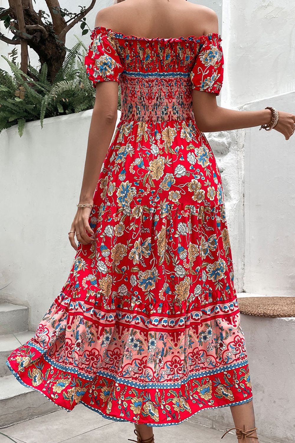 Floral Off-Shoulder Smocked Midi Dress