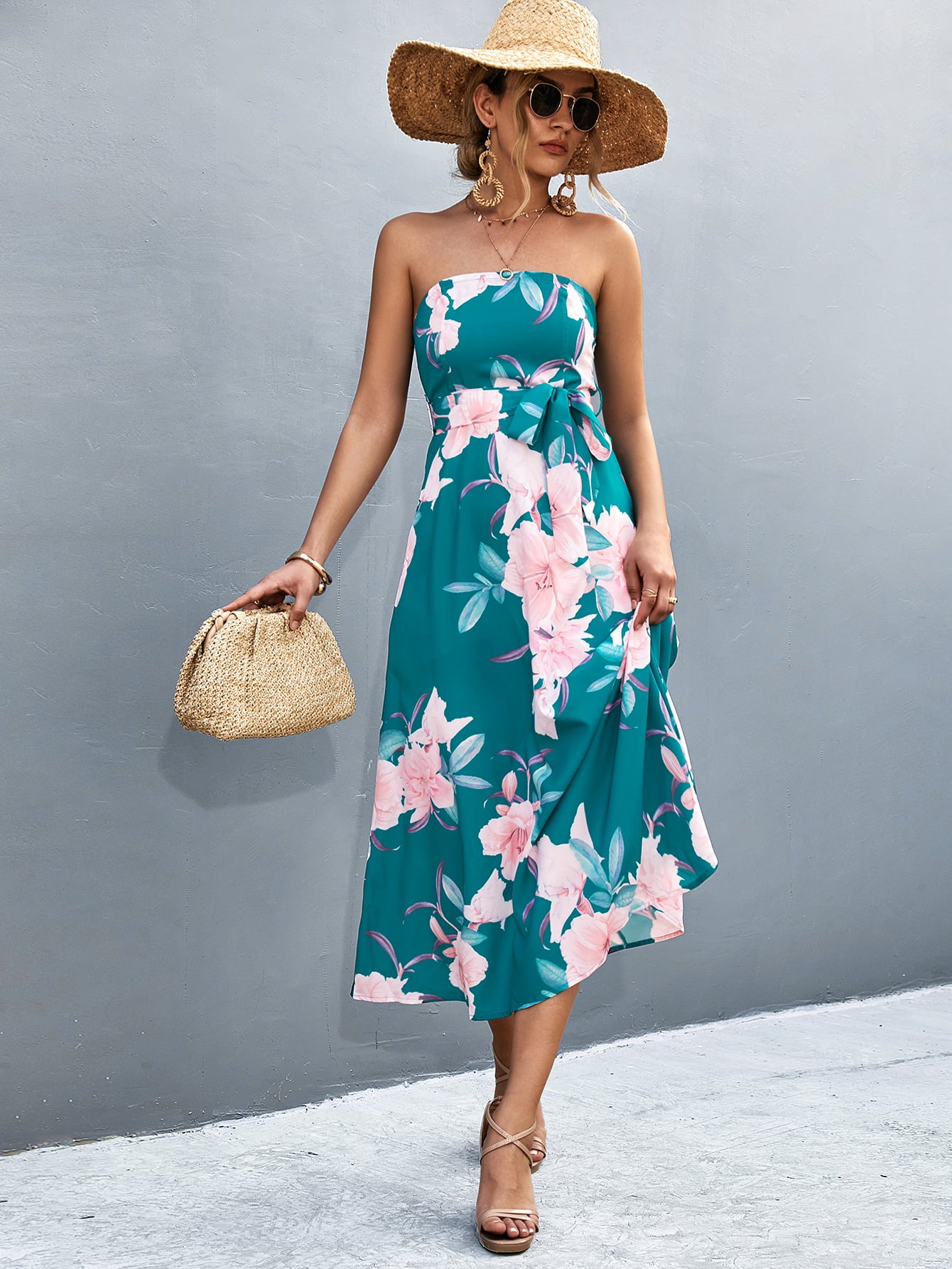 Floral Print Tie Waist Straight Neck Midi Dress