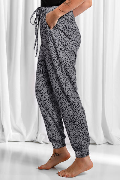 Full Size Leopard Drawstring Pocketed Pants