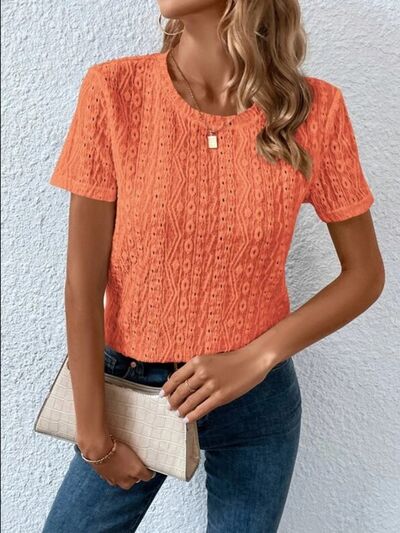 Eyelet Round Neck Short Sleeve T-Shirt