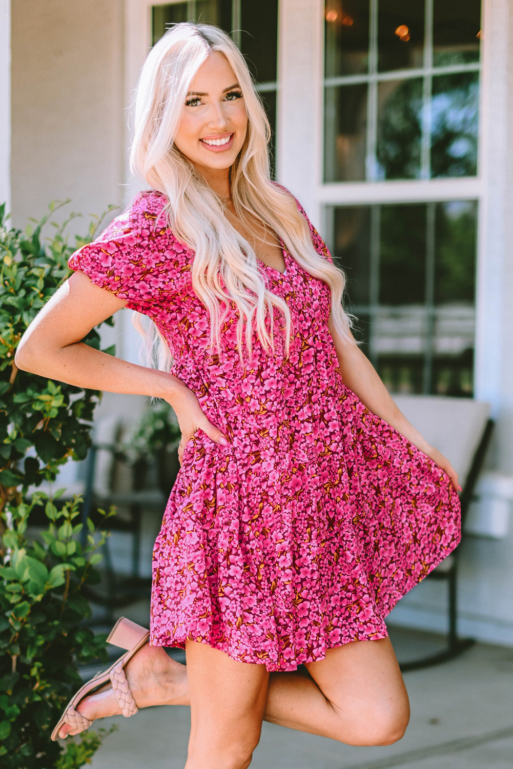 Floral V-Neck Short Sleeve Mini Dress